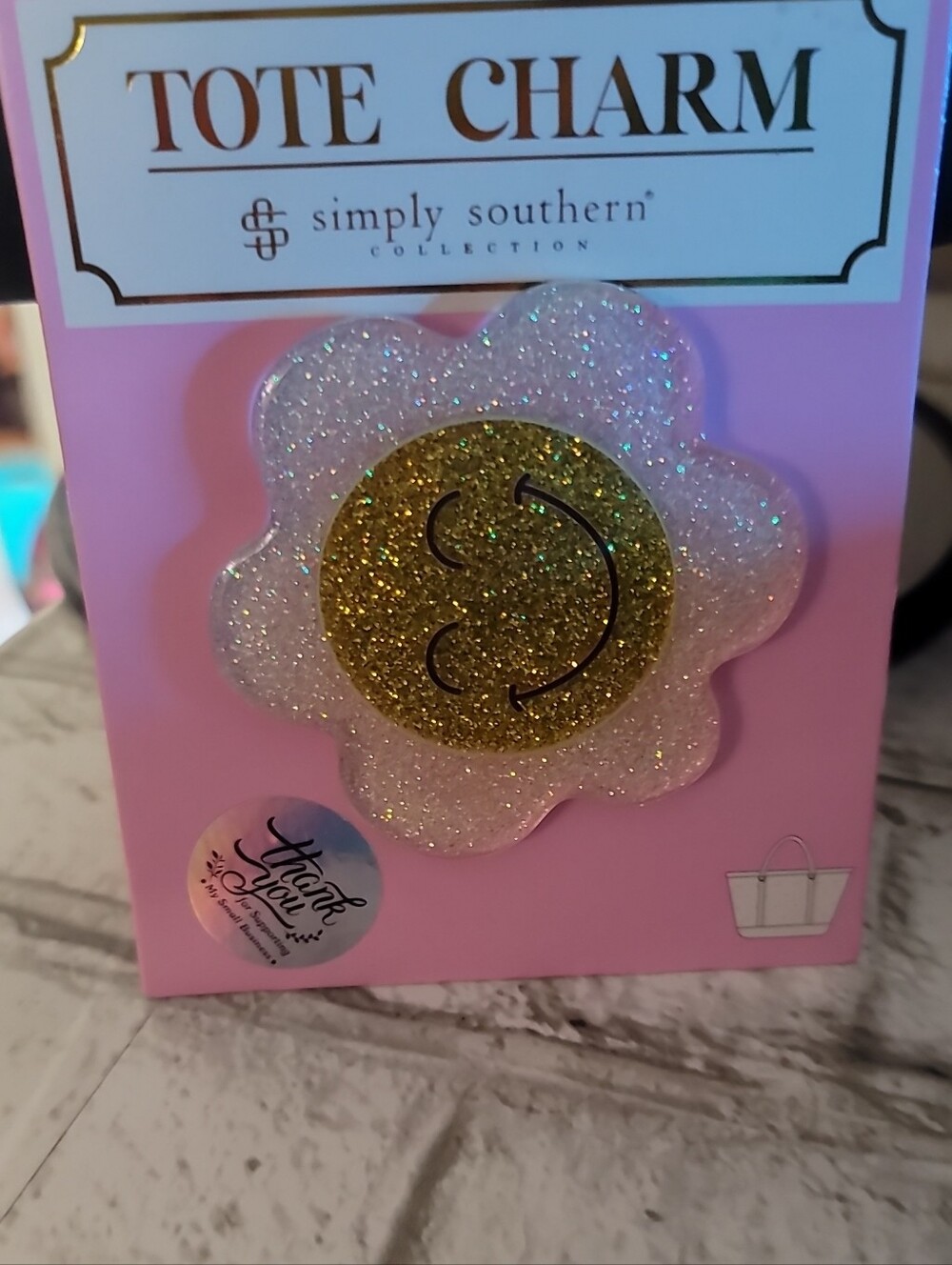 Simply Southern White Glitter Flower Tote Charm with Gold Smiley